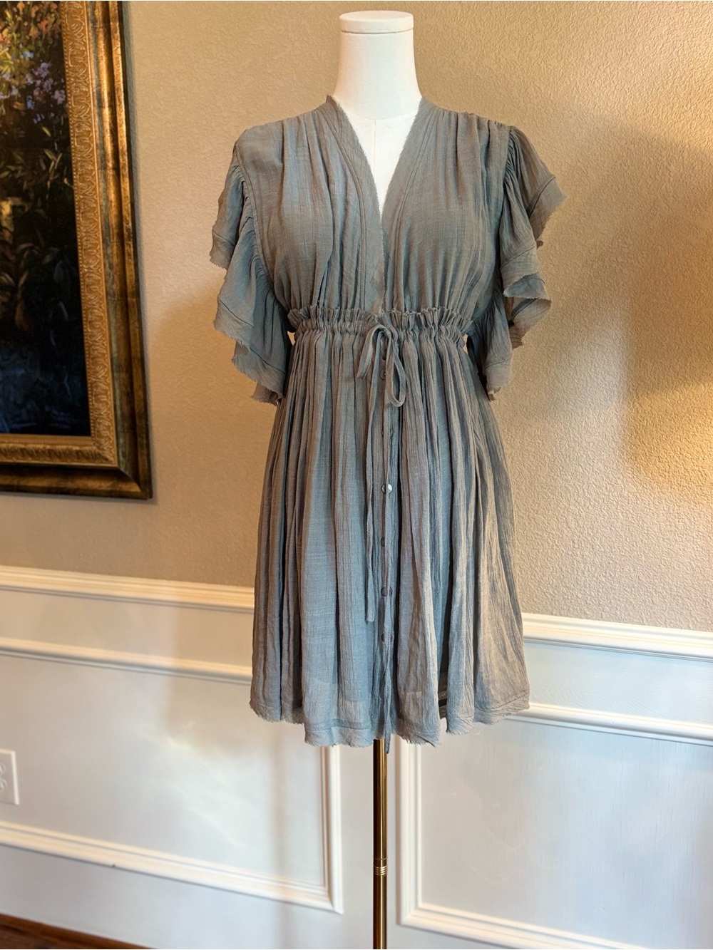 Flawless Women's Earl Gray Cinched Waist Flutter Sleeve Mini BOHO Dress